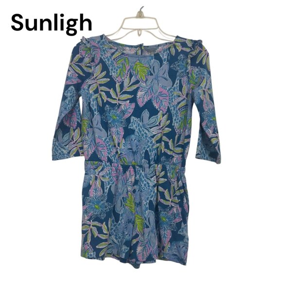 Lilly Pulitzer Girl Floral Romper Size L(8-10) Blue Green Pink 100% Cotton - Picture 2 of 9